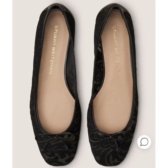 Stuart Weitzman Black Lace Ballet Flats Bow Detail Square‎ Toe Women Size 7