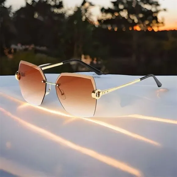 New Boutique Retro Gradient Rimless Brown Tinted Statement Lenses