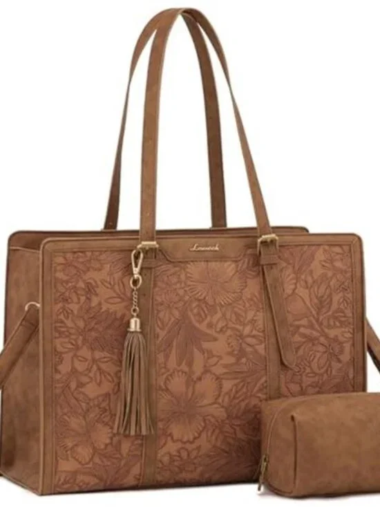Women's Laptop Bag Vintage Leather Tote with Clutch Purse, 15.6 inch