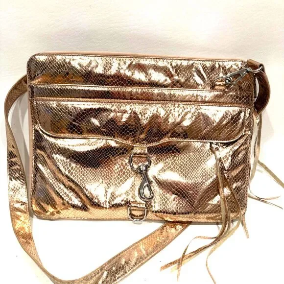 Rebecca Minkoff Metallic Rose Gold Laptop Case Padded Snakeskin Shoulder Strap