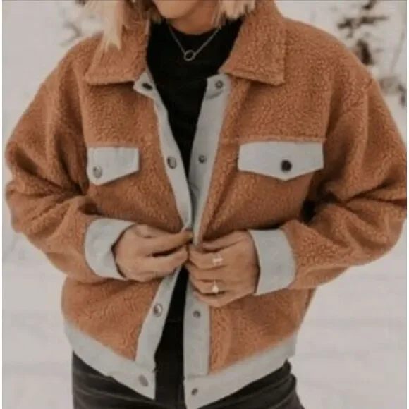Fleece and Denim trim Jacket Womens L