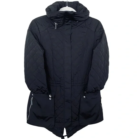Saks Fifth Avenue Classic Black Quilted Hideaway Hood Cinched Waist Jacket Small