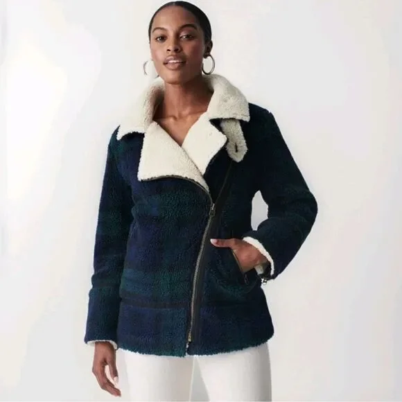 FAHERTY Montana Faux Shearling Plaid Asymmetric Zip Moto Coat Blue Sherpa Medium