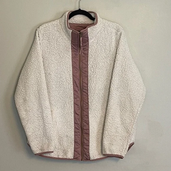 Abercrombie & Fitch Womens XL Sherpa Fleece Full Zip Jacket Cream Mauve Pink