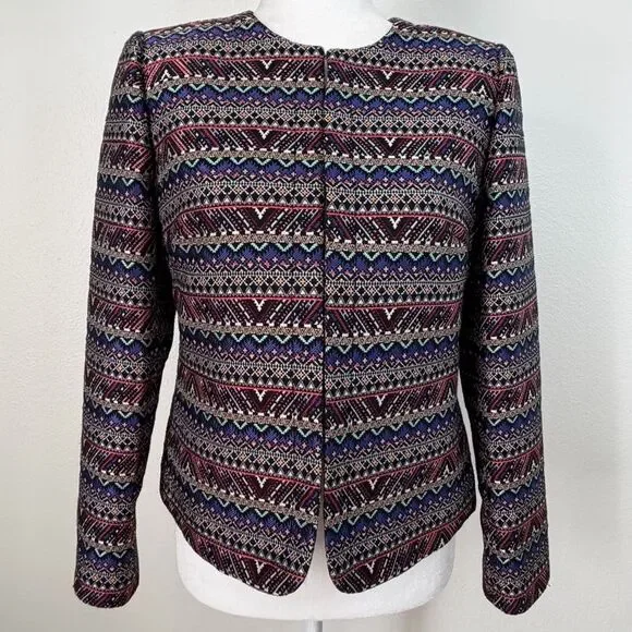 Tahari Womens Blazer Size 4P Tapestry Aztec Open Front Jacket Artsy Multicolor