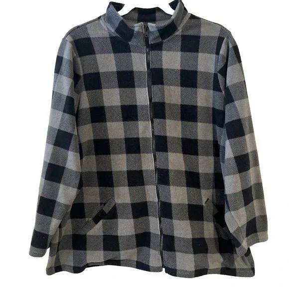 D&Co Womens Fleece Jacket Full Zipper Plus Size 3X Polyester Black| Grey Check