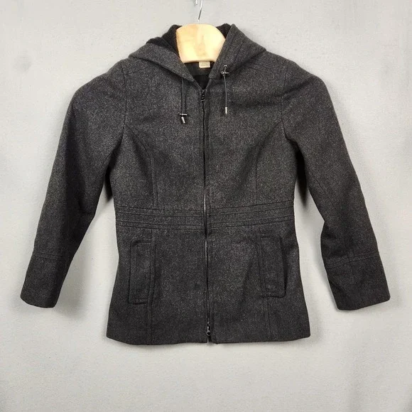 St John's Bay Coat Womens Medium Gray Wool Cashmere Hooded Zip‎ Parka Winter