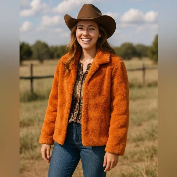 Ethyl Cozy Plush Rustic Orange Faux Fur Jacket- Size Medium