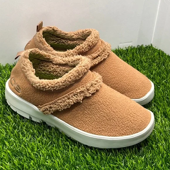 Oofos OOmg OOfleece Low Shoe Peach Brown Fleece Recovery Slip On Womens Sz 9.5