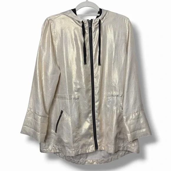 Zenergy Chico's Metallic Gold Full Zip Hooded Windbreaker Jacket Women's 2 ~ L