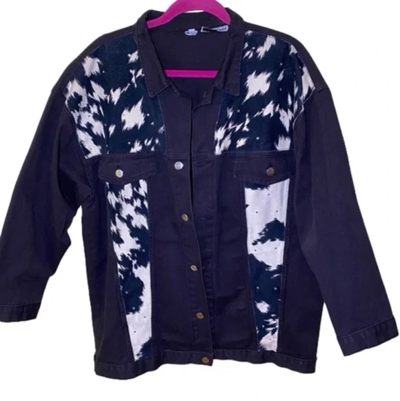 DAVID David vintage coastal cowgirl denim rhinestone cow print oversized jacket