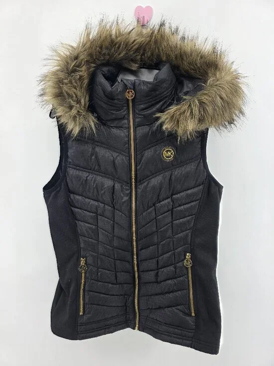 Michael Kors Black Quilted Puffer Vest Size M Faux Fur Hood Gold MK Logo