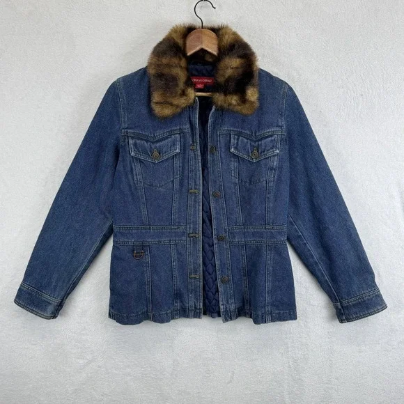 Gloria Vanderbilt‎ Jacket Womens Small Blue Denim Faux Fur Collar Quilted Lined