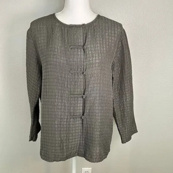 Eileen Fisher stitched Mandarin frog closure silk linen top jacket 3/4 sleeve L