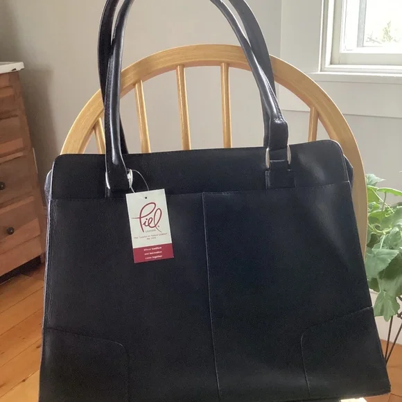 NWT Piel Black Leather computer case Unisex Hardside Shoulder Tote Made Columbia
