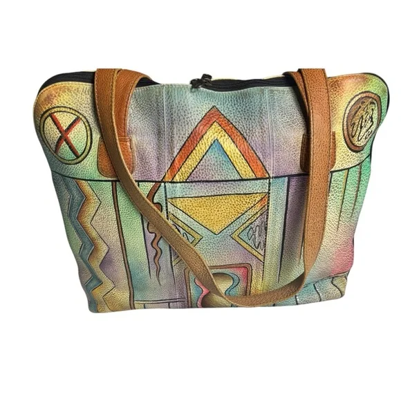 Vintage Anna X Anuschka abstract desert scene painted leather laptop shoulder ba