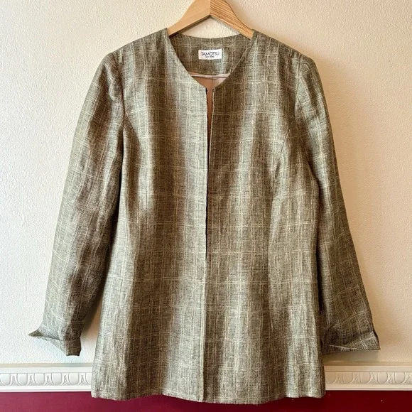 Tamotsu New York Linen Blend Collarless Suit Jacket Blazer Women's L Taupe Sage