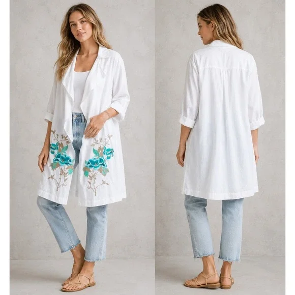 Chico's Long Embroidered Topper Jacket Optic White Floral Linen Blend Size 4