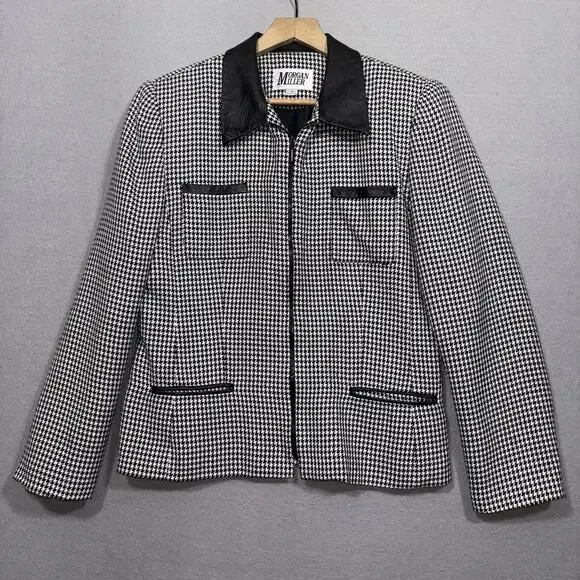 Morgan Miller Blazer Womens 10 Houndstooth Faux Leather Trim Career Chic