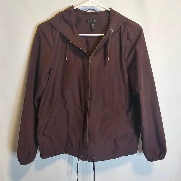 Eileen Fisher Petite PP Brown‎ Purple Hooded Light Jacket Zip Organic Cotton