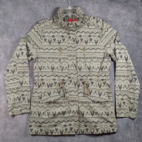 Coffee Shop Green Zip Up Anorak Jacket Cinched Waist‎ Med Full Zip Aztec Print