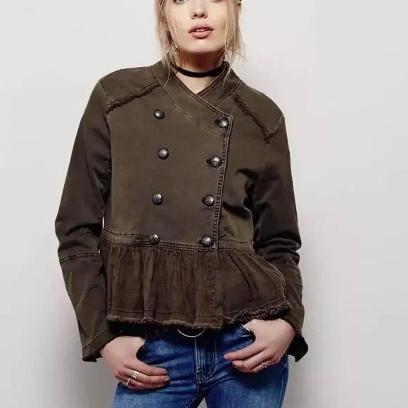 Free People Ruffle Hem Military Jacket Women's Green Size Medium