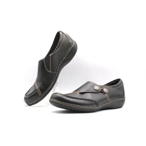 Clarks Ashland Lane Q Womens 9.5 N Black Leather Slip-On Shoes Loafers Ortholite