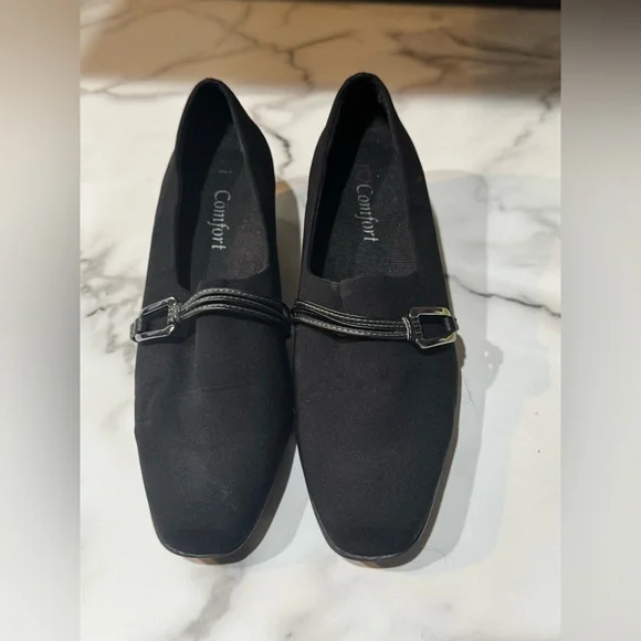 I LOVE COMFORT BLACK LEATHER SLIP ON CASUAL SHOES WOMEN'S Sz 7.5 Square Toe GUC