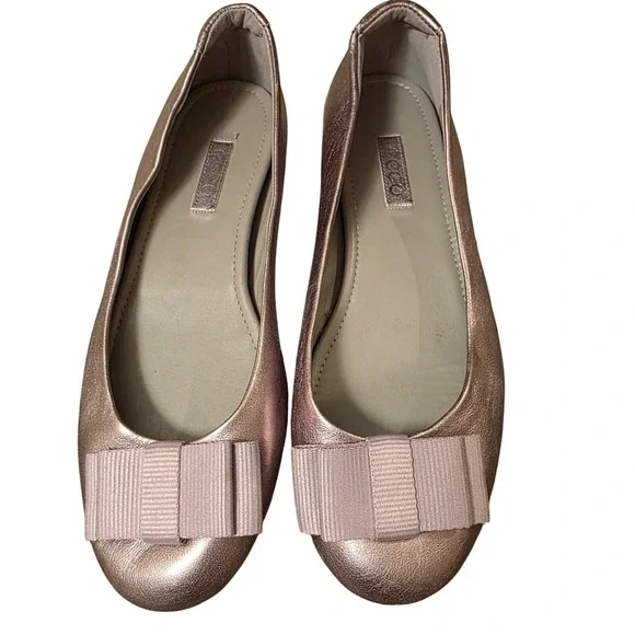 Y2K ECCO Shape Rose Gold‎ Metallic Leather Bow Ballet Flats Womens Size 6.5