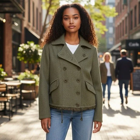 Gap Olive Wool Pea Coat Jacket Women's Size X Small Feminine Ruffle Tie Waist