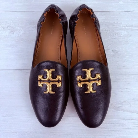 Tory Burch Eleanor Loafers Flats‎ Size 11 Black Leather Gold Logo Classic Chic