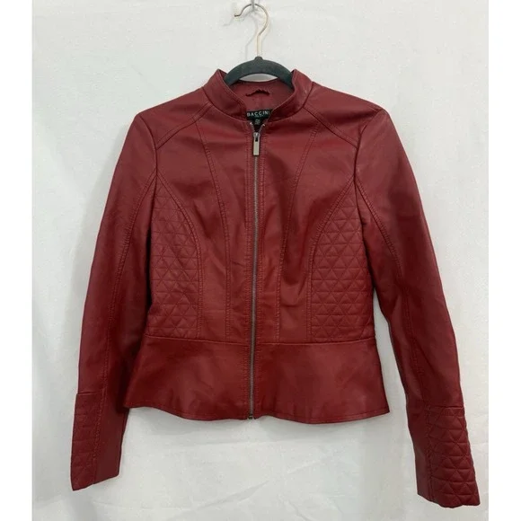 Baccini Faux Leather Jacket Red Full Zip‎ Womens Size PS