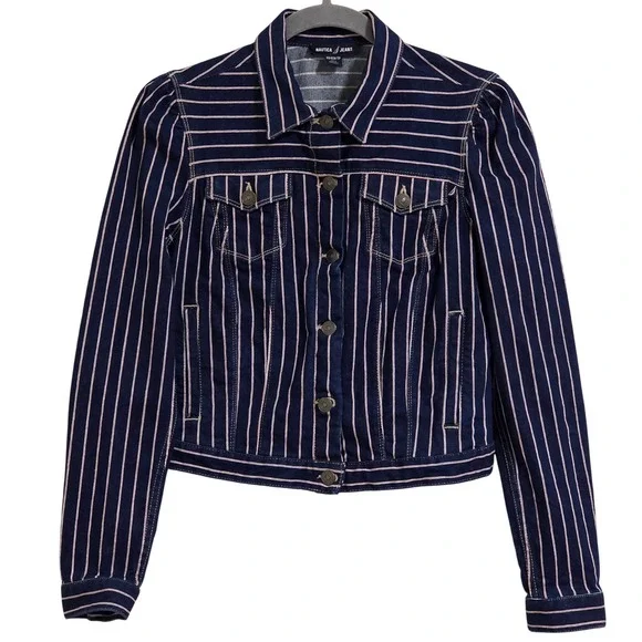 Nautica Jeans Striped Denim Puff Shoulder Jacket Womens XS Denim Navy Blue