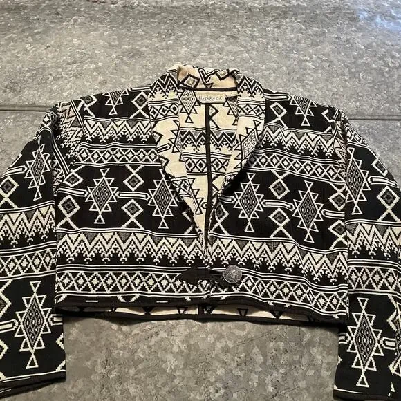 Vintage Flashback Southwestern Boho Cropped Jacket Medium Black White Western