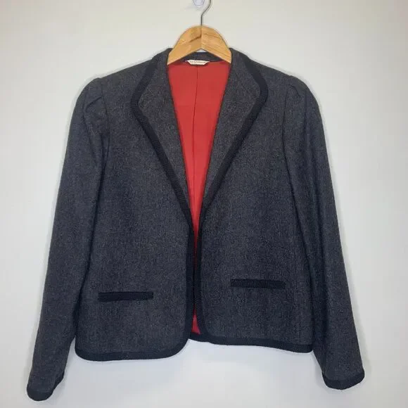 VTG‎ Liz Clairborne Womens Dark Gray Wool Blazer Size 8 Trim
