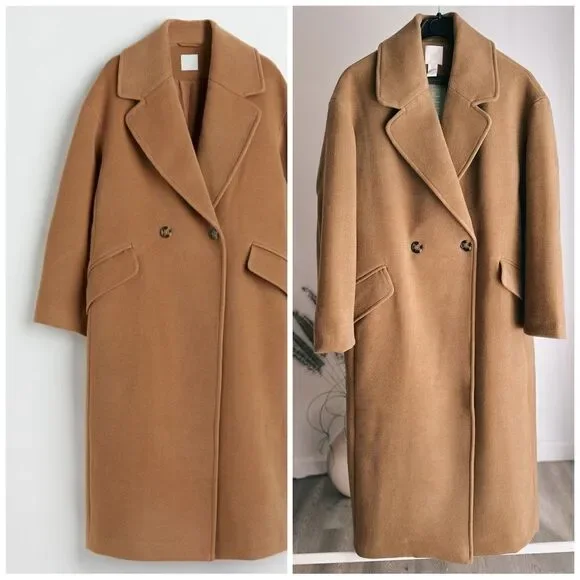 H&M Coat Double-Breasted Dark Beige New