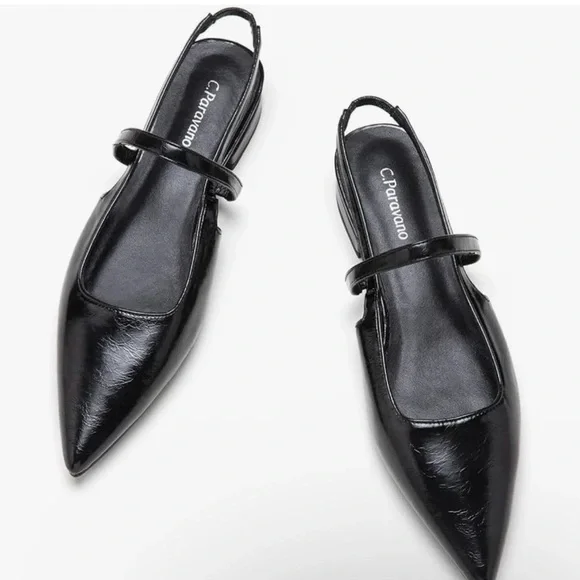 C. Paravano Freya Pointed Toe Slingback Flat Ankle Strap Patent Black 41 US 10.5