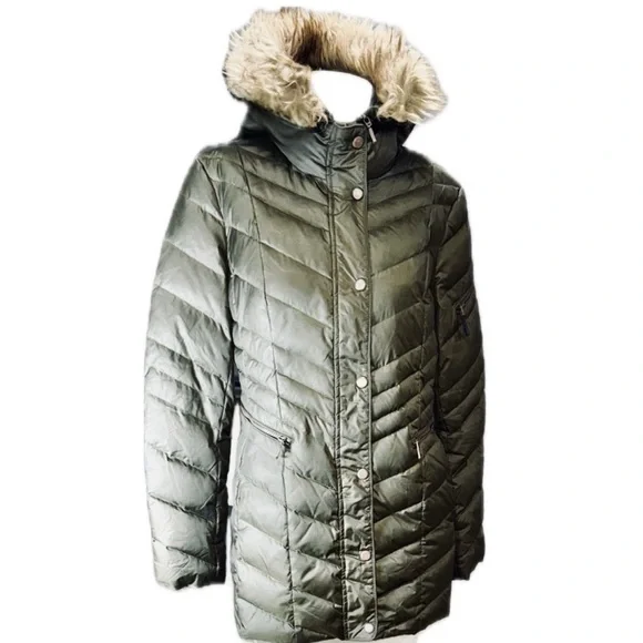 🧥❄️ MARC NEW‎ YORK Green Quilted Puffer Coat | Faux Fur Hood | Cabincore Sz M
