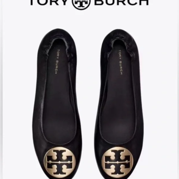 Tory Burch Black Leather Ballet Flats with Gold Logo Medallion‎