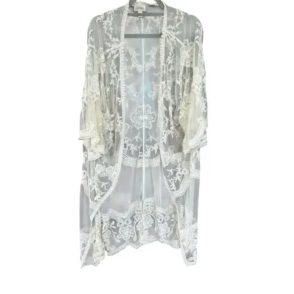 Boho Ivory Embroidered Mesh Lace Kimono Duster Sheer Festival Cardigan L