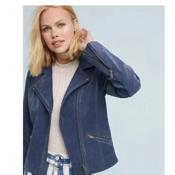 Anthropologie Women's Coat Small Biddle Moto Jacket Navy Suede Zip Lined Paisley