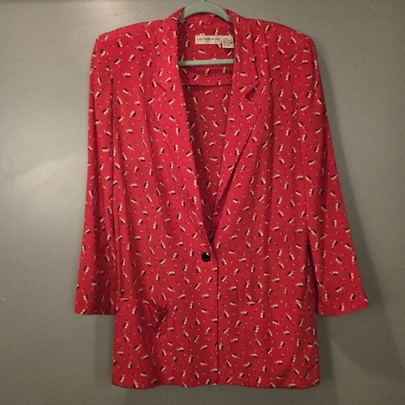 Vintage Liz Claiborne Silk Longline Blazer Guitar Print Long Sleeve Y2K, Size 12