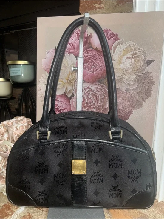 MCM Black Logo Dome Satchel with Gold Plaque