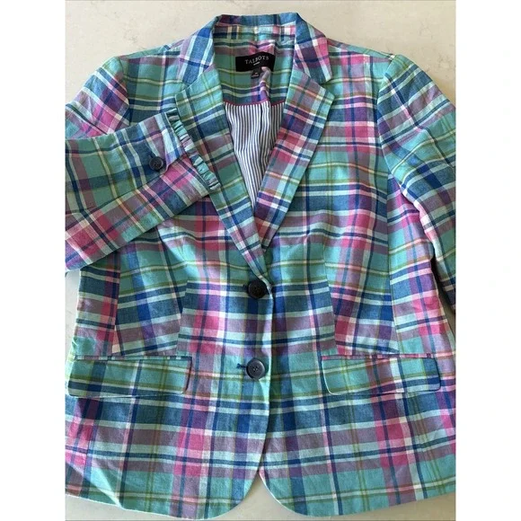 Talbots Womens 4P Madras Plaid Ruffle Sleeve Linen Blazer Teal Pink Plaid Lined