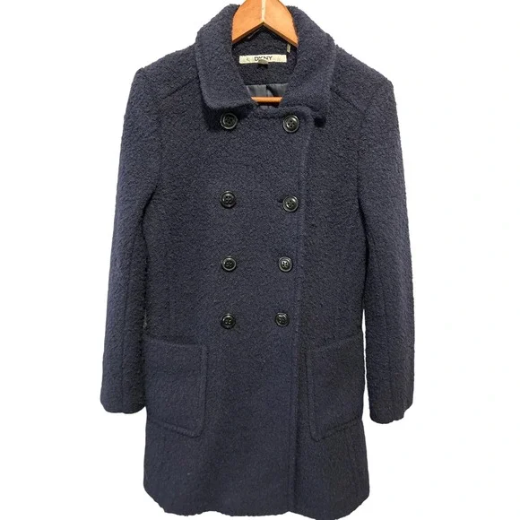 DKNY Navy Blue Boucle Fabric Double Breasted Collared Long‎ Coat Women's Size 6