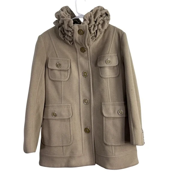 Perry Ellis Coat Women 6 Tan Wool Blend Ruffle Neck Pocket Utility Pea Coat Twee