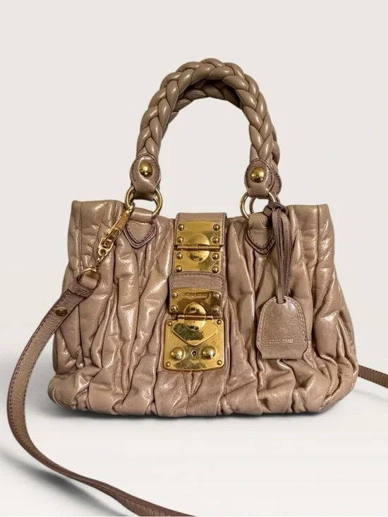 Vintage Miu Miu Matelassé Coffer Bag Iridescent Rose Gold Mauve Leather