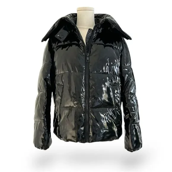 Kendall + Kylie Black Faux Paten Puffer Coat Wm Sz XS Shiny