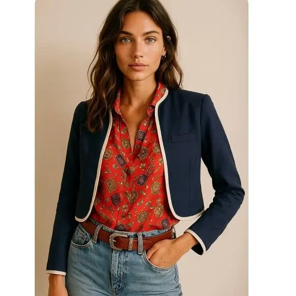 Vintage 80s 90s Union Made Navy Blue Linen Blend Classic Heritage Preppy Blazer