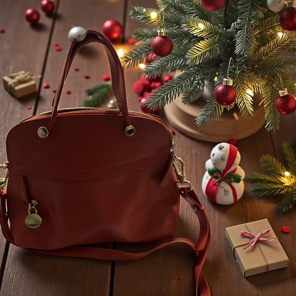 Furla‎ Red Pebbled Leather Satchel Crossbody Bag Gold Hardware